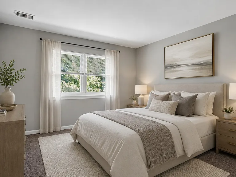 Unwind in the elegantly designed bedroom at Miry Run Apartments, where comfort meets style. Enjoy natural light streaming through large windows and modern finishes throughout. Elevate your living experienceschedule a tour today!