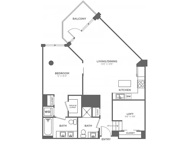 Floor plan One Bedroom Two Bath w/Loft (1060 SF)