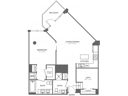 Floor plan One Bedroom Two Bath w/Loft (1060 SF)