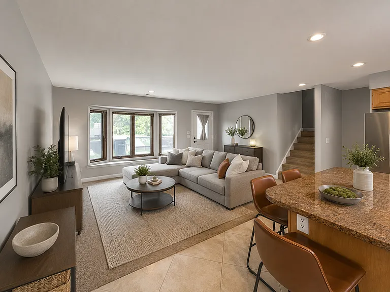 Entry way, living room and kitchen