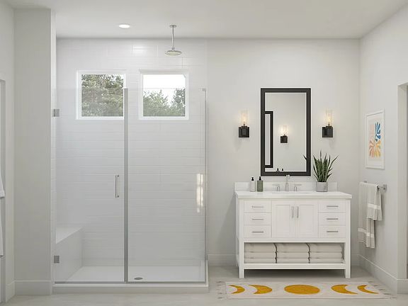 Primary bath with freestanding vanity
