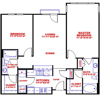 Floor plan Traditional 2x2 1042-1193 SF