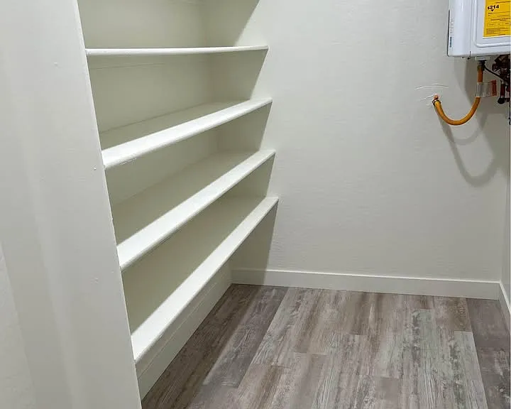 Laundry room storage, instant water heater
