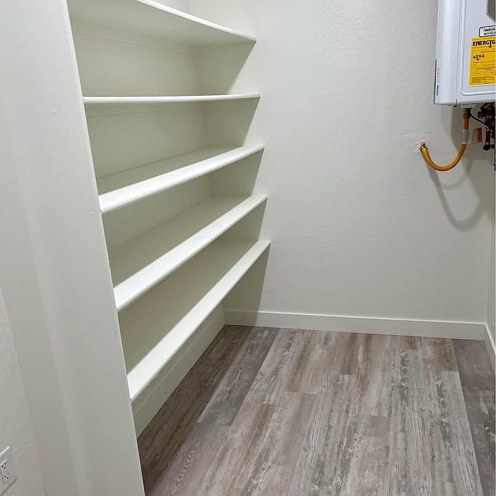 Laundry room storage, instant water heater