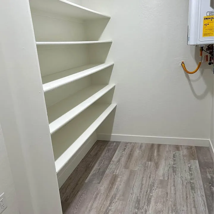 Laundry room storage, instant water heater