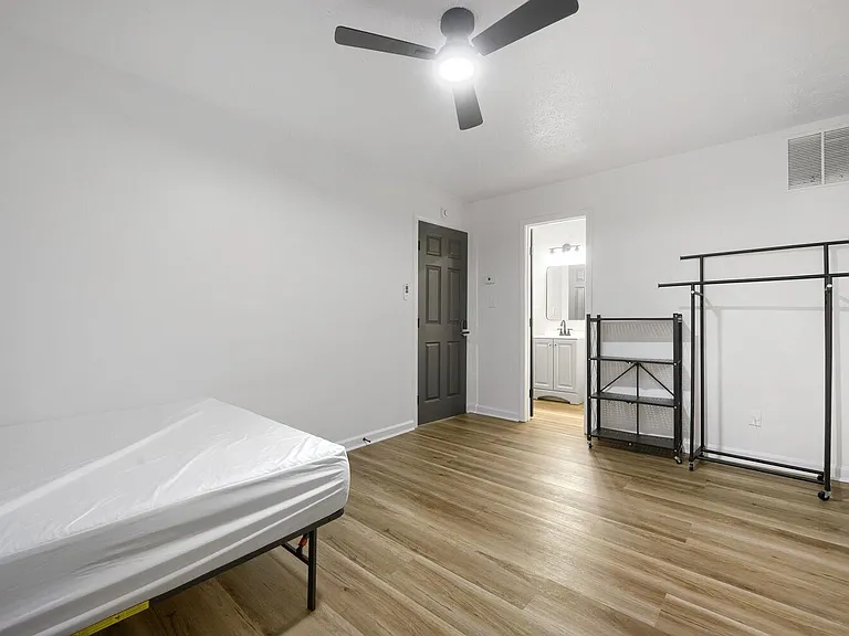 Spacious bedroom with wood-look flooring, ceiling fan, and convenient access to a nearby vanity area and bath.