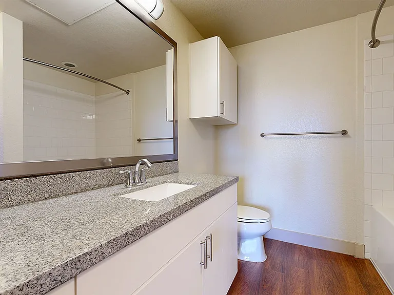 Apartment bathroom with wood-style flooring.