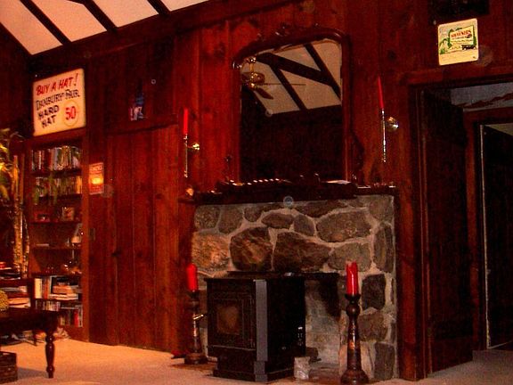 Cathedral ceiling, fieldstone fireplace