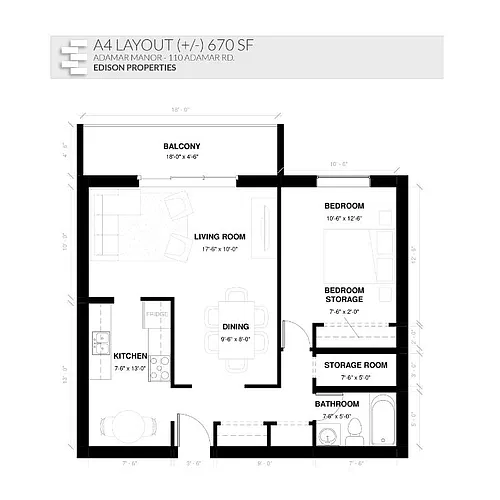 Floor plan 1 Bedroom 1 Bath Reno (1Bed1BathR-A4) 1 Bed 1 Bath