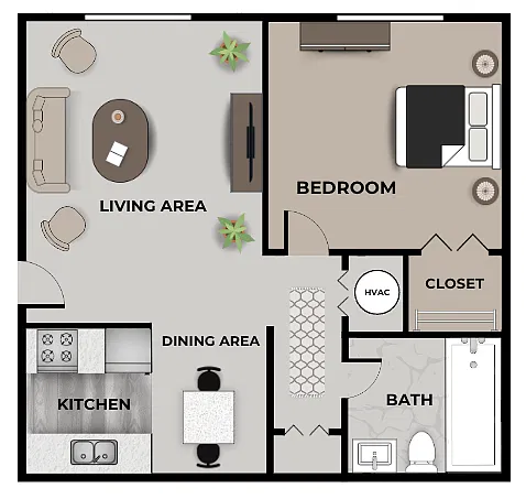 Floor plan Campus Court 1 Bedroom, 1 Bathroom