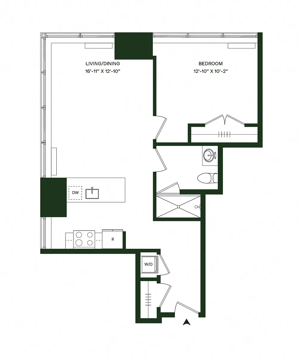 Floor plan Residence 12 - North: 1BR 1BA (Floors 13-33 and 35