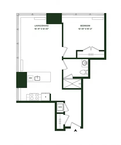 Floor plan Residence 12 - North: 1BR 1BA (Floors 13-33 and 35