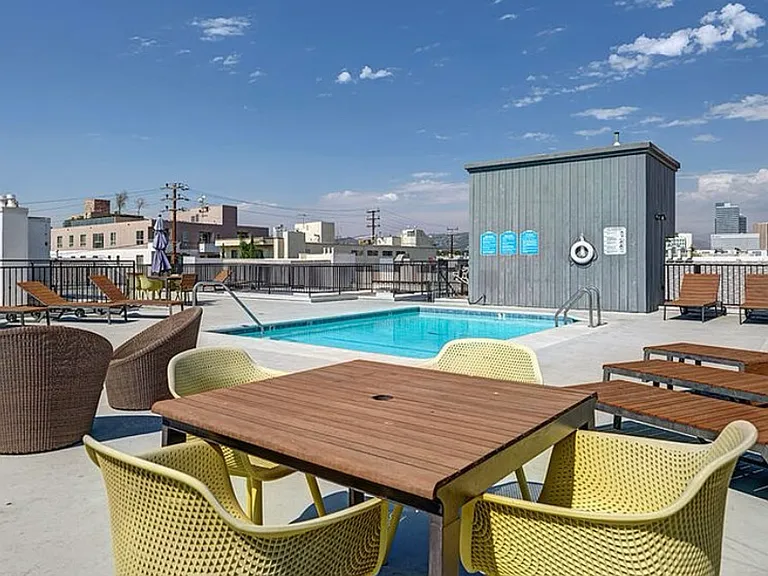 Rooftop heated pool/spa with 360 degree views of the city, lounge chairs and tanning beds.