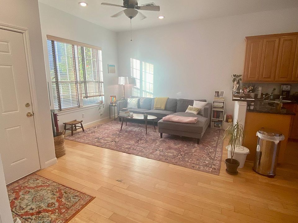 Open concept living room with tall counter separating kitchen - great for entertaining & great natural light.