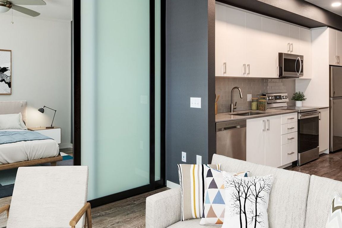 Scheme 1 Kitchen, Living Area and Bedroom with Sliding Barn Door