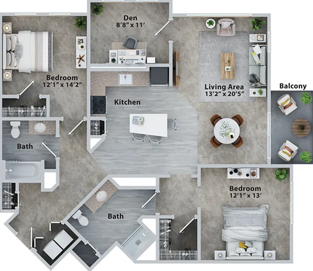 Two Bedroom Two Bath + Den (1376 SF) Two Bedroom Two Bath + Den (1376 SF)