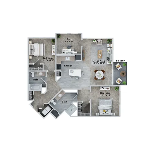 Floor plan Two Bedroom Two Bath + Den (1376sf)