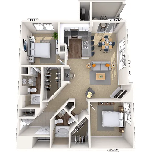 Floor plan Traditional 2x2 1168 SF