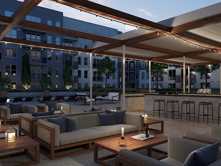 Poolside lounge area with bar and ample seating