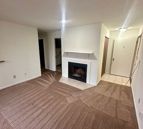 Wood-burning fireplace and view of entry on right- laundry room on left of fireplace