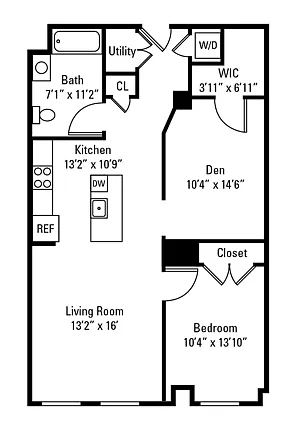Floor plan 1 Bedroom 1 Bath w/ Den