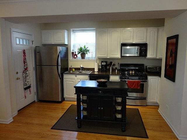 Hardwood floors, granite countertops, stainless steel appliance package with dishwasher and microwave
