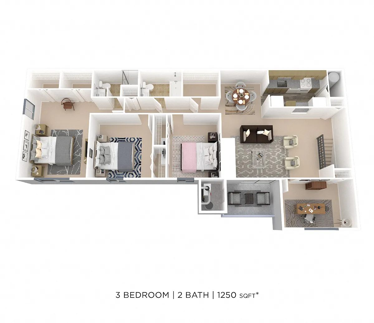 Floor plan Three Bedroom 2 Bath w/ Den - 1,250 sqft
