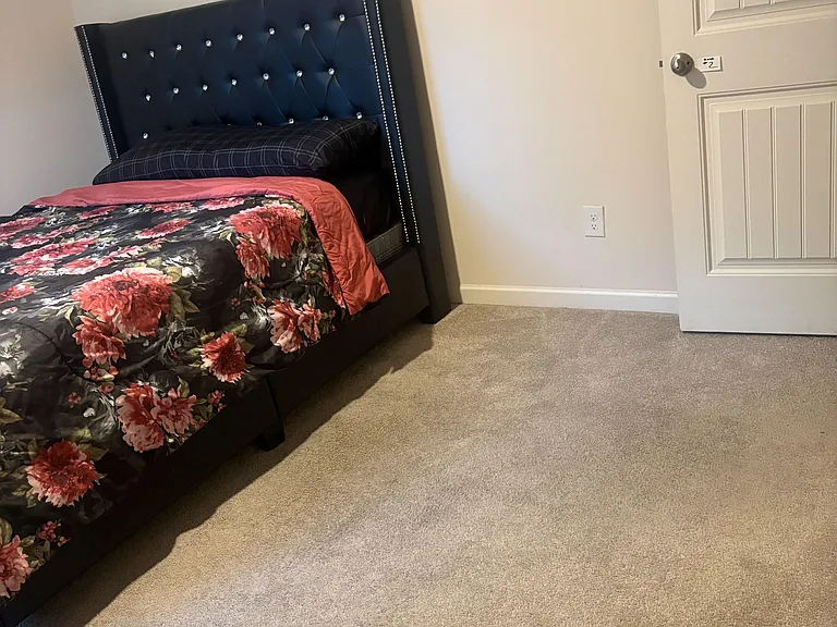 Carpeted bedroom with a furnished bed and a stylish tufted headboard, offering a simple layout and easy access to the door.