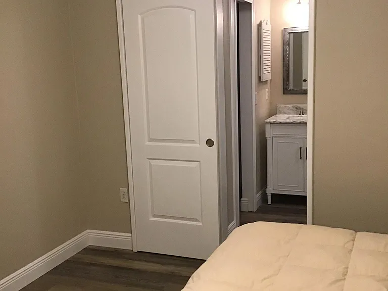 Bedroom 2, "barn door" leading to bath