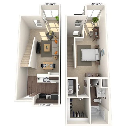 Floor plan Dual Level 1x1 680-1175 SF