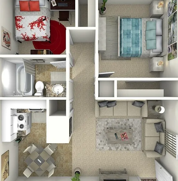 2 Bed 1 Bath Up Floorplan Diagram