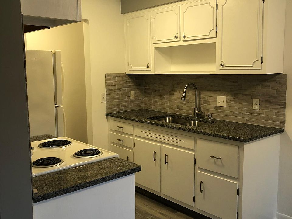 Kitchen with new granite countertop and new tiled backsplash. New sink!