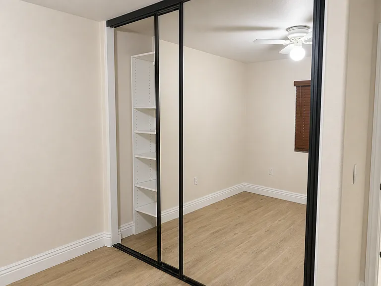 Closet with storage compartments within + vinyl flooring (replaced old carpet)