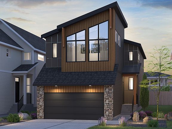 Exterior view of the Cheyenne Rustic Contemporary model by Brookfield Residential in Calgary.