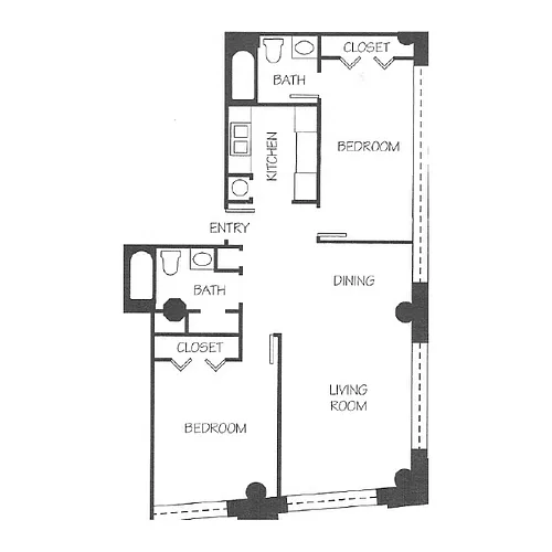 Floor plan 2 Bed 2 Bath Factory Windows