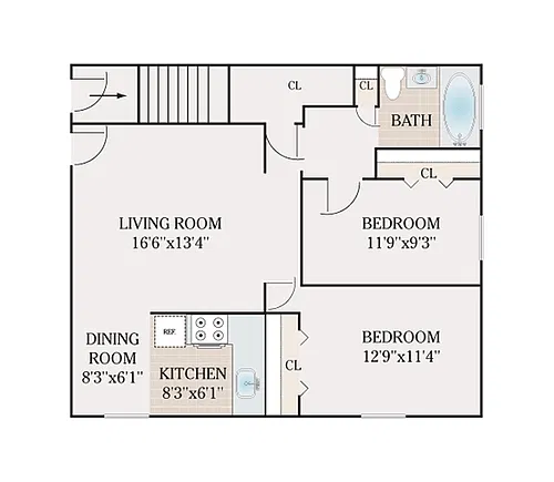 Floor plan 2 Bed 1Bath (2A)