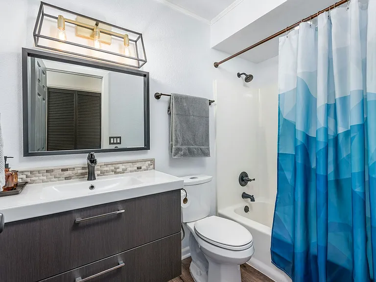 Hallway bathroom with tub shower and bidet