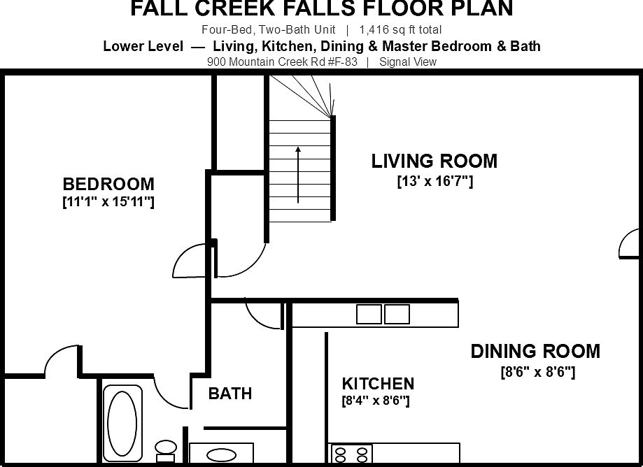 Floor plan for main (lower) level room layout reference. Rendering may not be precisely to scale.