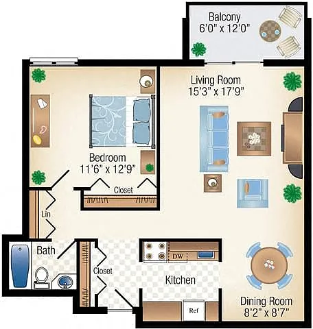 Floor plan 1Bed 1Bath High-Rise 625 sf