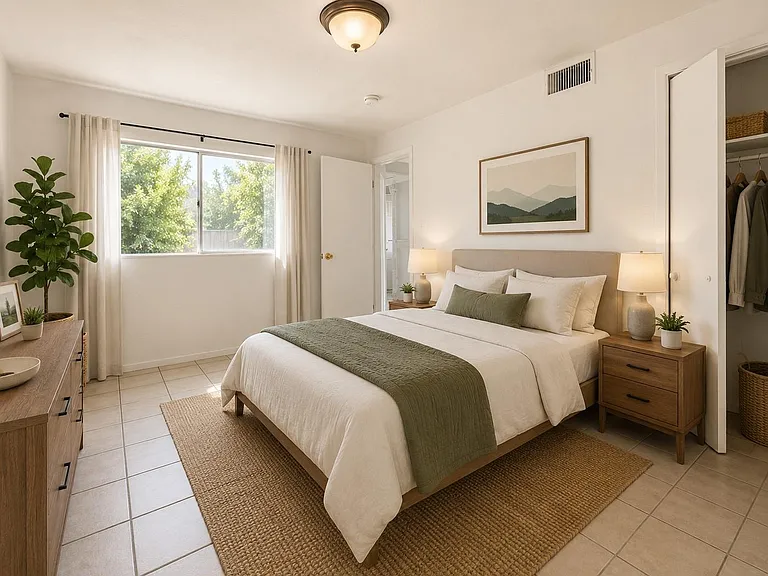 Well-appointed bedroom with a large window, spacious closet storage, and room for a full bed and nightstands.