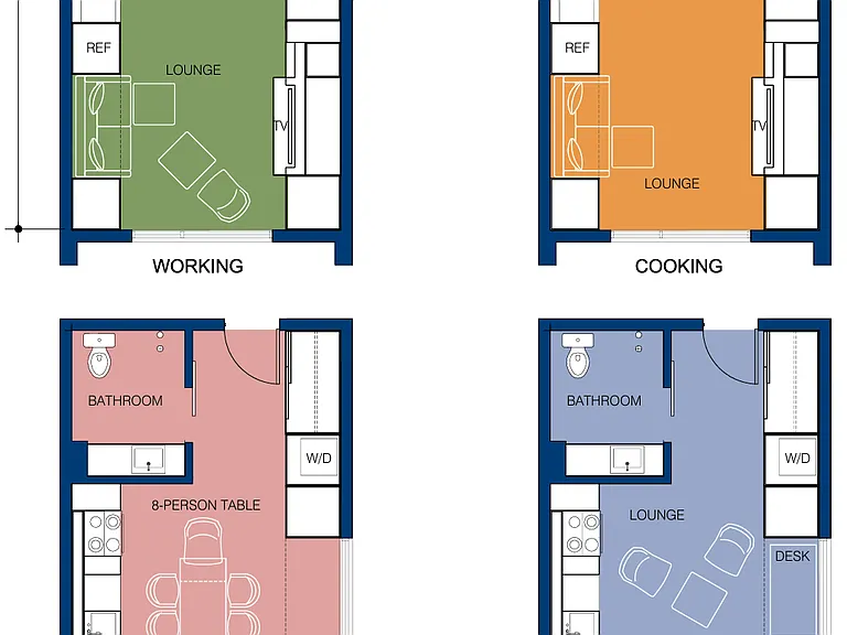 These newly constructed apartments are designed to be easily converted based on how the resident wishes to utilize their space (working, sleep, cooking, entertainment)