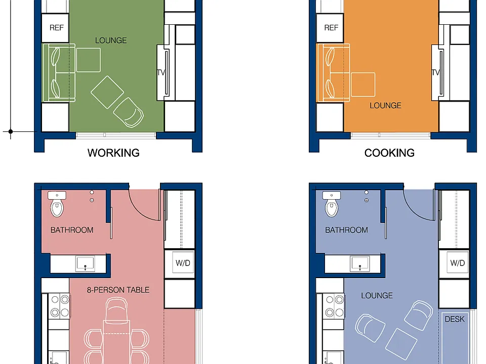 These newly constructed apartments are designed to be easily converted based on how the resident wishes to utilize their space (working, sleep, cooking, entertainment)