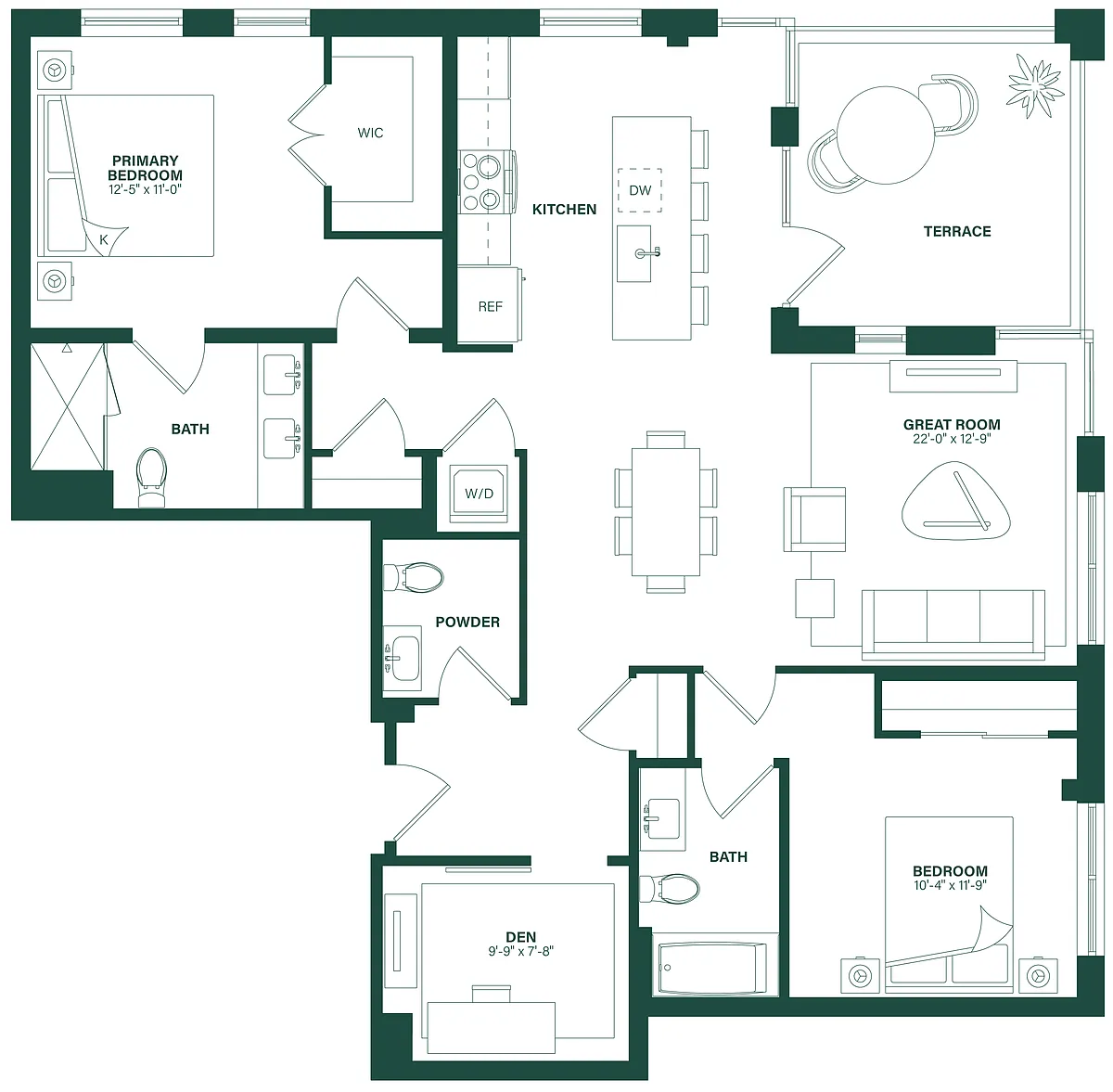 Floor plan 2 Bed/2.5 Bath Den-2K