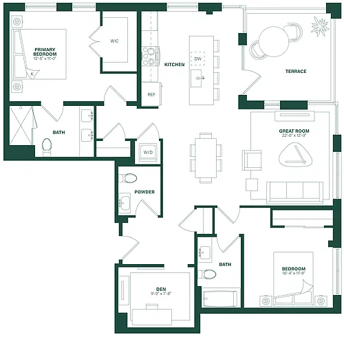 Floor plan 2 Bed/2.5 Bath Den-2K
