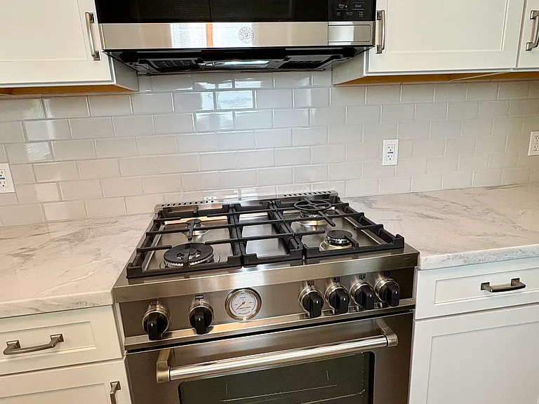 Bertazzoni professional gas stove with microwave hood