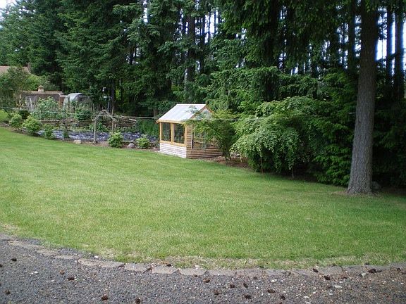 Greenhouse in the backyard. Garden plot is to the left ready for your green thumb! The large trees i
