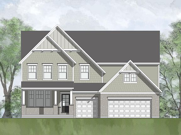 stone, shakes, siding and board and batten house with front porch