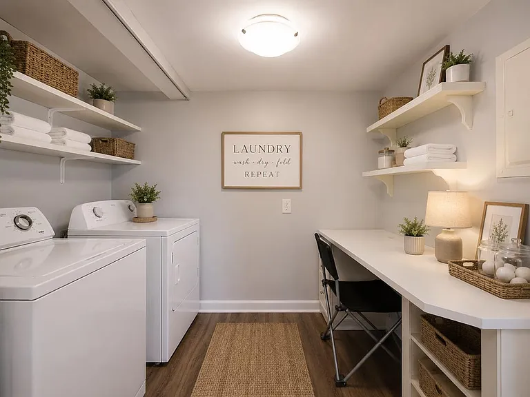 Dedicated laundry room with full-size washer and dryer, built-in shelving, and additional workspace for storage and organization. Photos are virtually staged.