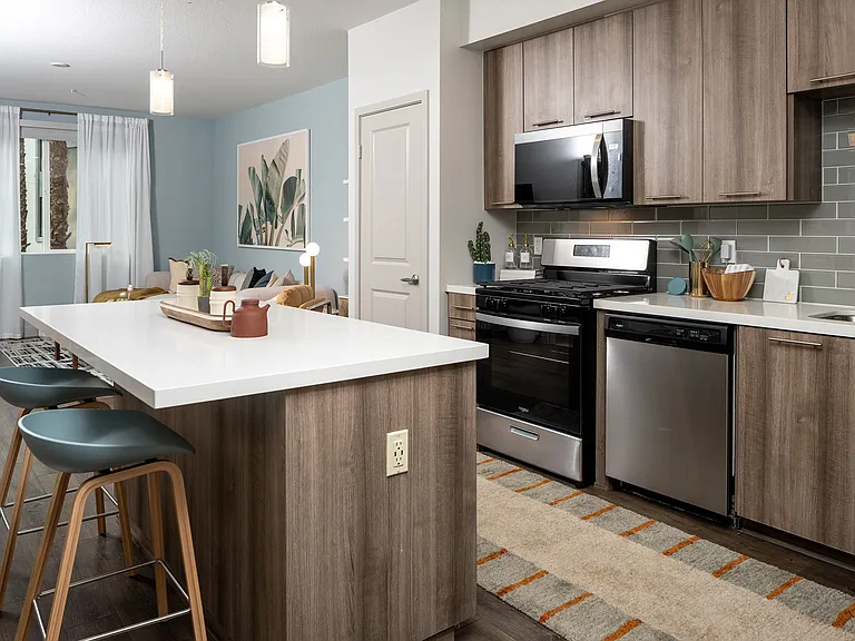 Luxury vinyl plank flooring, USB charging ports and tile backsplash in the kitchen