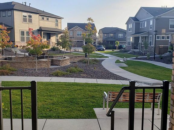 View of the fountain and seating area from the porch.
